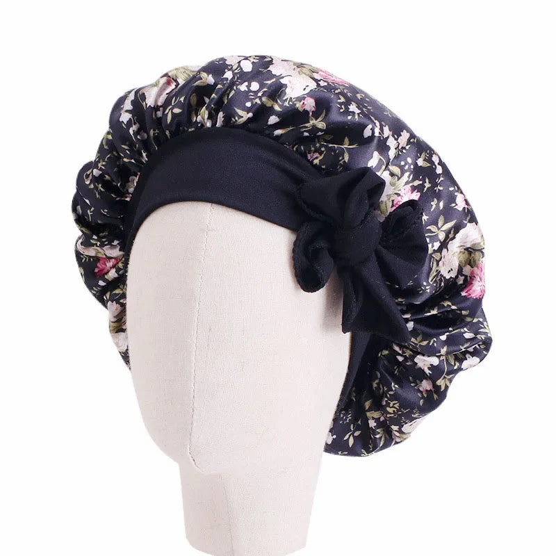 Kids Girls Sleep Cap Floral Print Hair Bonnet Satin Night Sleep Hat Turban Sleeping Hat Children Hair Care Bonnet Nightcap Caps