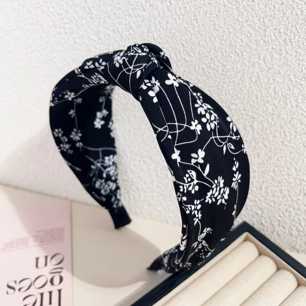 Elegant Floral Black White Hairbands for Women Girls Wide Edge Soft Hair Hoops Big Bowknot Cross Headband Hair Styling Tool Gift