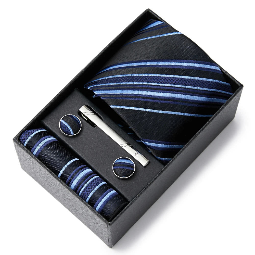 Gravatas For Men Newest design Silk Tie Handkerchief Cufflink Set Necktie Box Striped Blue Office