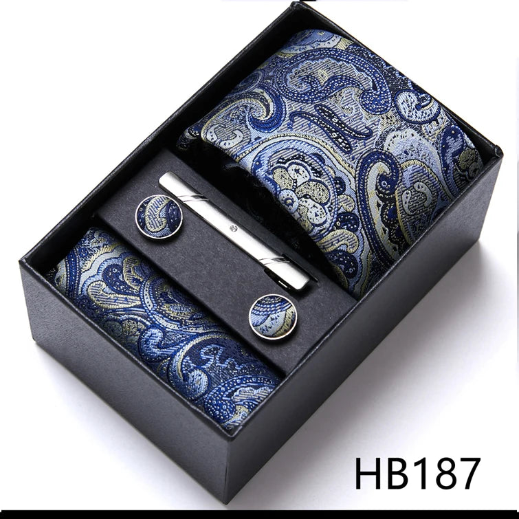 Brand Wholesale Tie Pocket Squares Cufflink Set Necktie Blue Striped Man Wedding Accessories Fit Workplace Holiday Gift Box