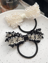 2 Pcs Black White Knitted Hair Bow Scrunchies,Elastics Bands Elegant Hair Ties Scrunchy Bowknot Ponytail Holder for Women Girls