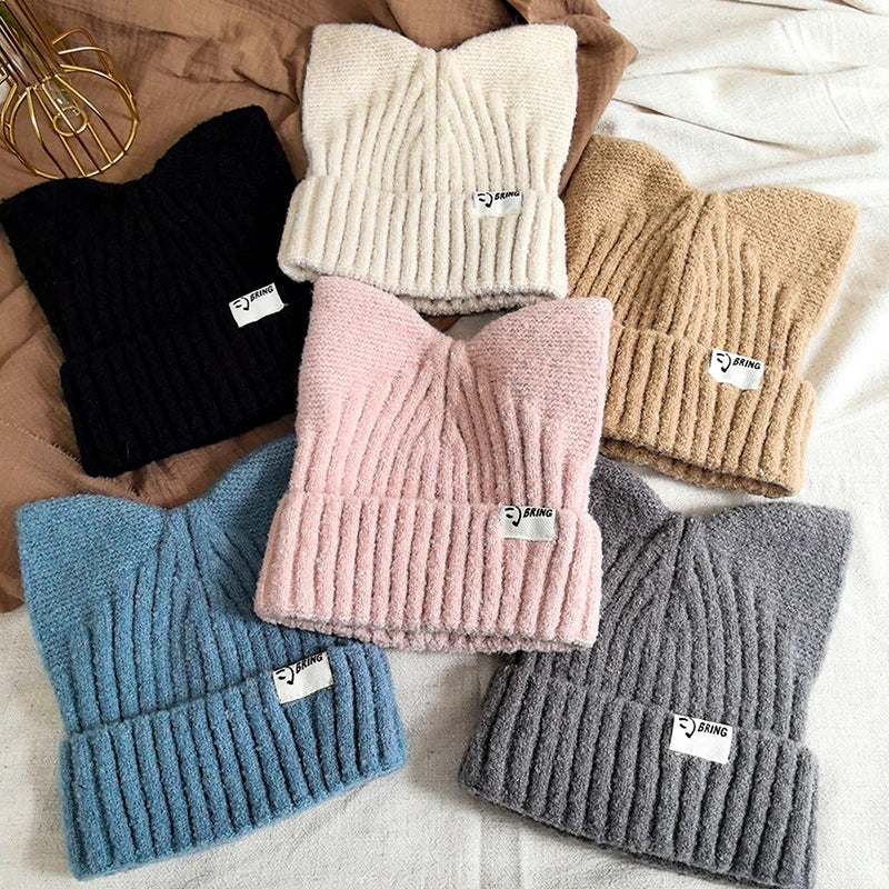 Cute Cat Ears Beanies For Women Autumn And Winter Warm Ear Protection Sweet Versatile Pullover Knitted Hats