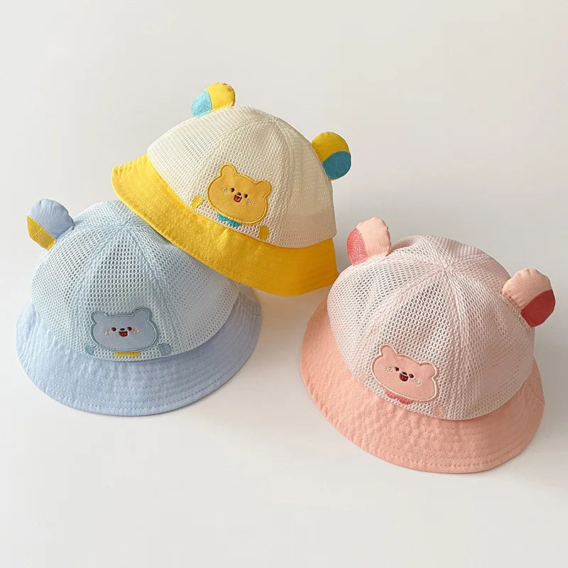 Summer Breathable Mesh Baby Hat Cute Bear Infant Boy Girl Bucket Hats Korean Cartoon Toddler Kids Casual Fisherman Cap
