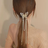 1 Pcs Full Diamond Hollow Butterfly Tassel Hair Accessories, Pearl Bead Chain Back Of The Head Grab Clip, Zinc Alloy Shark Clip