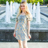 Mini robes d'été pour femmes, mode féminine, imprimé floral, en mousseline de soie, froncée, manches courtes bouffantes, robe décontractée