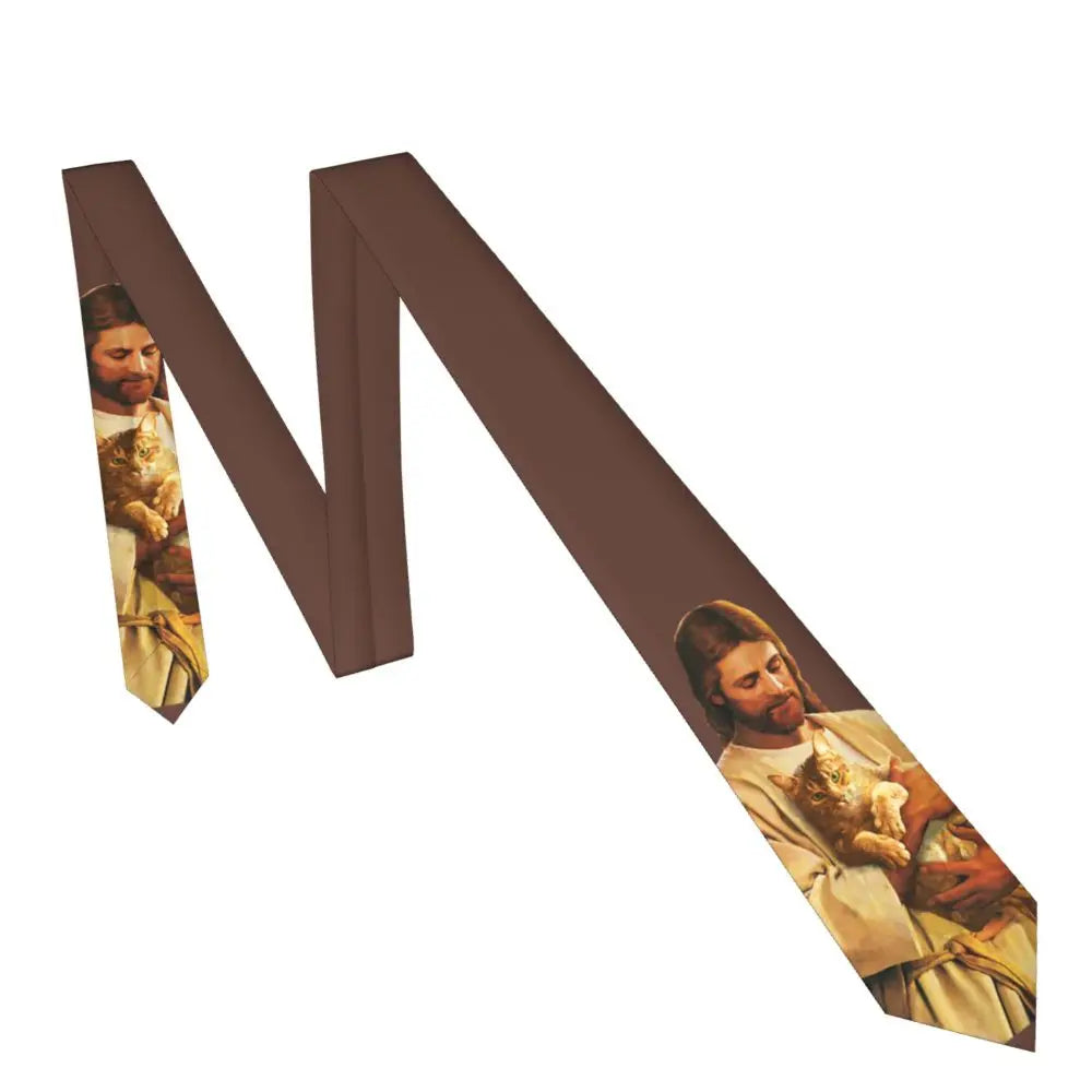 Christ And His Cat Unisex Necktie Silk Polyester 8 cm Wide Jesus Neck Tie for Men Accessories Cravat Wedding Office