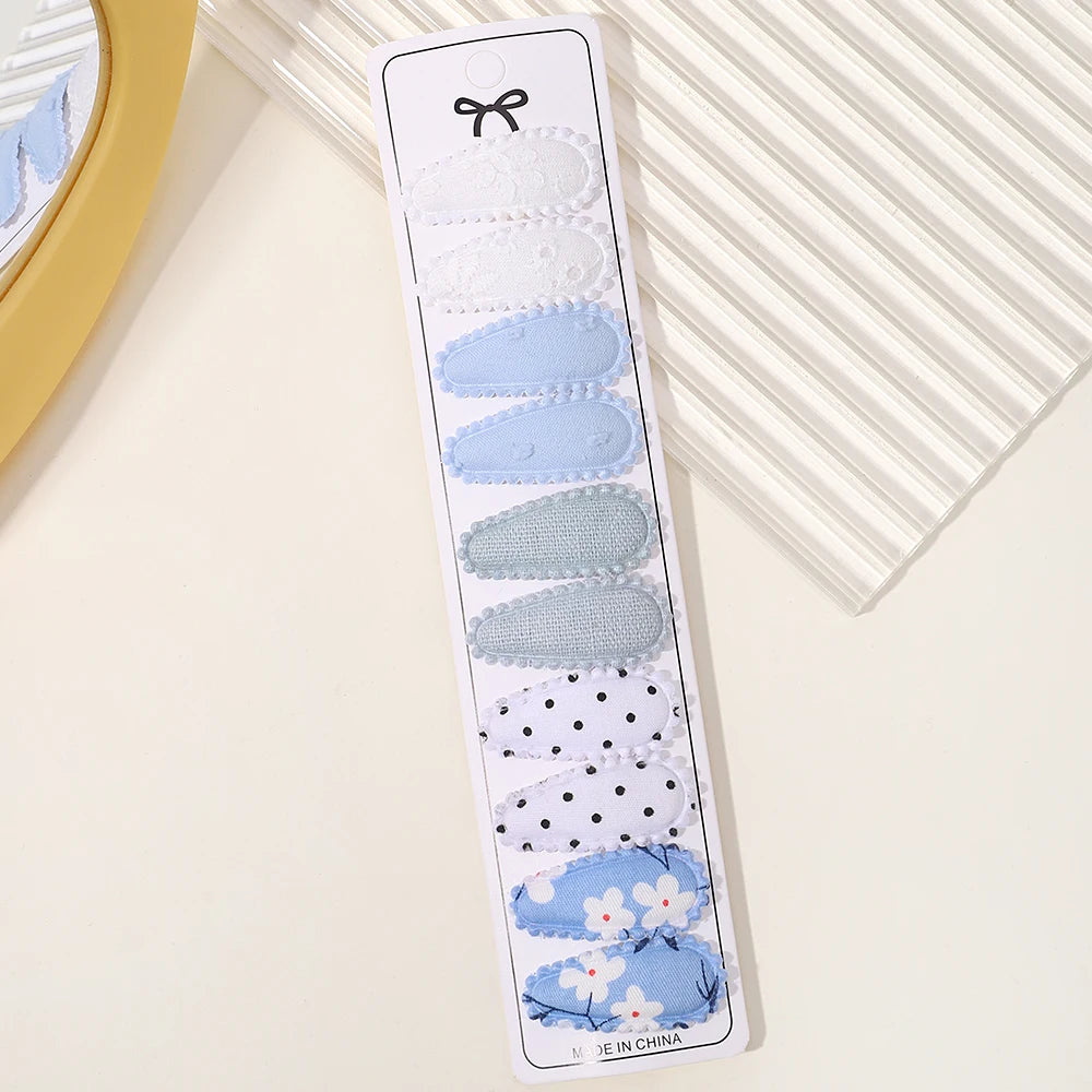10Pcs/set 2.2'' Printed Embroidery Waterdrop Shape Hair Clips For Cute Girls BB Hairpin Barrettes Headwear Kids Hair Accessories