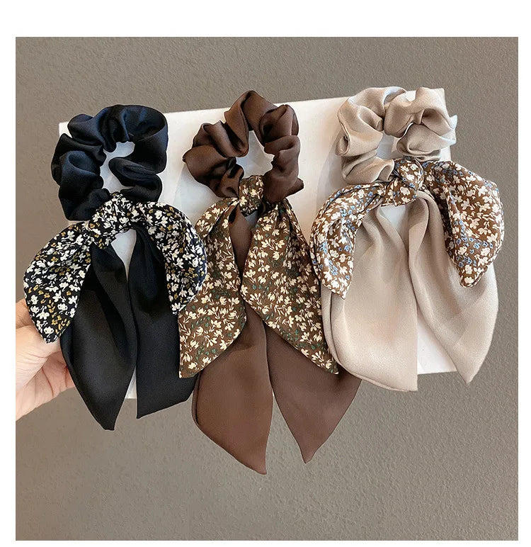 2024 New Korean Floral Bowknot Hair Ties for Women Girls Sweet Elastics Long Ribbon Ponytail Scarf Hair Tie Hair Accessories
