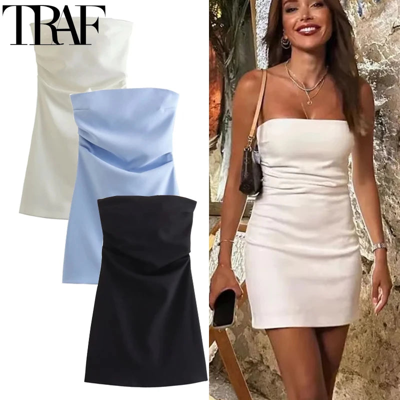 Robe TRAF pour femme, épaules dénudées, corset, courte, froncée, dos nu, bleu, noir, blanc, robe moulante sexy pour femme, robes de soirée