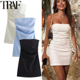 Robe TRAF pour femme, épaules dénudées, corset, courte, froncée, dos nu, bleu, noir, blanc, robe moulante sexy pour femme, robes de soirée