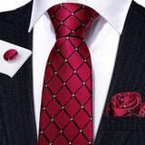 Barry.Wang Men's Tie Jacquard Plaid Checked Navy Pink Black Necktie Hankerchief Cufflinks Set for Male Wedding Business Formal