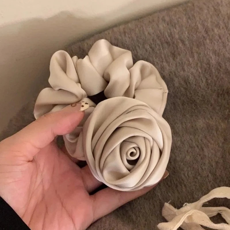 SIMPLEJEWEL™Handmade Rose Flower Elastics Hair Scrunchies, Ties  Satin Scrunchies Hair Band Ponytail Holder Band Scrunchies Ring