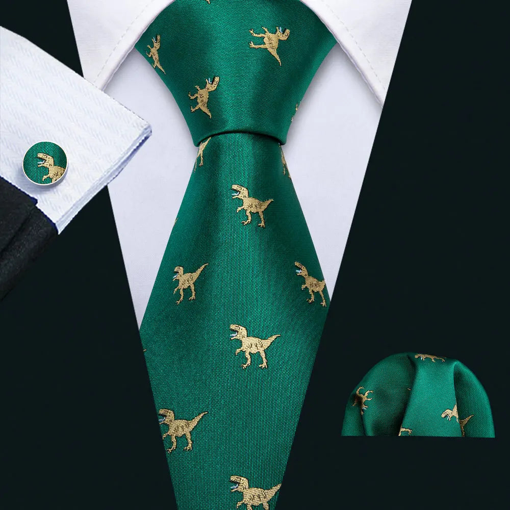 Luxury Silk Mens Ties Set Black Green Leaves Floral Neck Tie Handkerchief Cufflinks Set Wedding Business Party Barry·Wang 5938