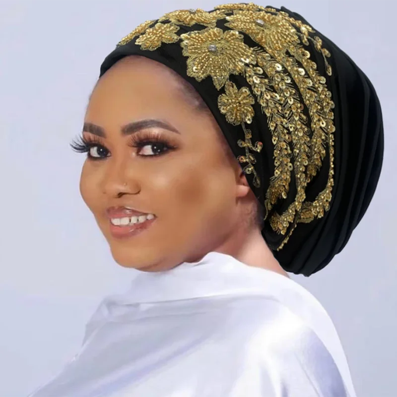 African Female Wrap Head Bonnet Muslim Turban Hat Lady Head Wraps Glitter Luminescence Beading Pleated Turban Cap for Women
