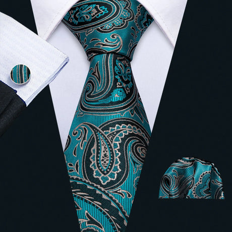 Noverlty Teal Silk Necktie For Men Solid Luxury Brand Suit Pocket Square Cufflinks High Quality Tie Set Wedding Party Barry.Wang