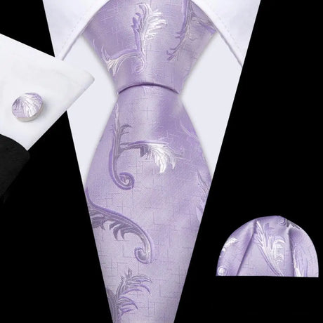 Barry.Wang Purple Lilac Lavender Silk Mens Tie Handkerchief Cufflink Set Jacquard Floral Necktie for Male Wedding Business Party