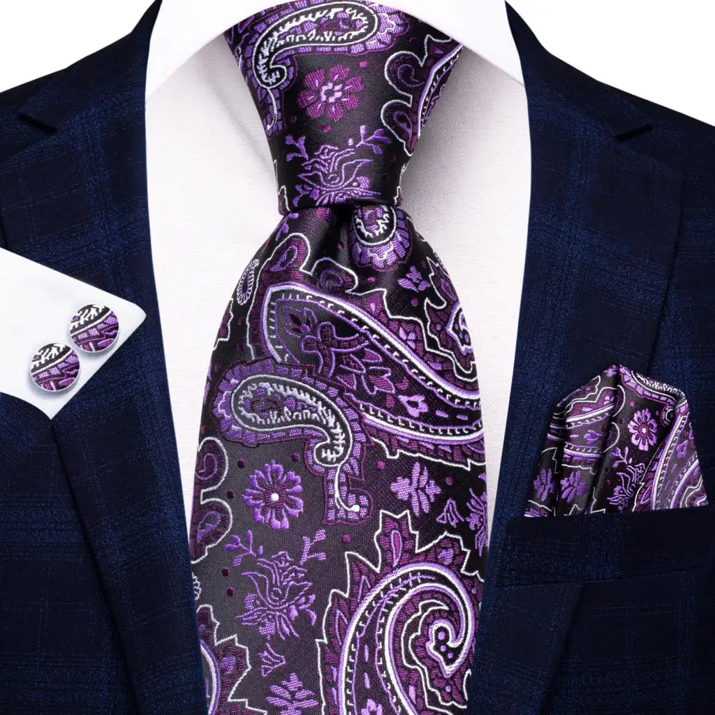 Hi-Tie Purple Solid Paisley Silk Wedding Tie for Men Novelty Design Handky cufflink Gift Men Tie Set Party Business Dropshipping