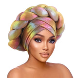 New African Colorful Laser Large Braid Turbans For Women Trendy Gradient Color Elastic Head Wraps Ramadan Chemo Hats Headscarf