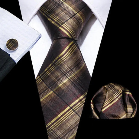 Barry.Wang Plaid Silk Men Tie Handkerchief Cufflinks Set Designer Jacquard Checked Necktie for Male Wedding Team Groomsman Corp