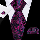 Barry.Wang Purple Lilac Lavender Silk Mens Tie Handkerchief Cufflink Set Jacquard Floral Necktie for Male Wedding Business Party