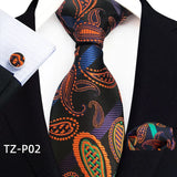 Orange Novelty Ties For Men Plaid Flower Design Silk Wedding Necktie For Men Hanky Cufflinks Gifts Business Party Suit Bow Tie