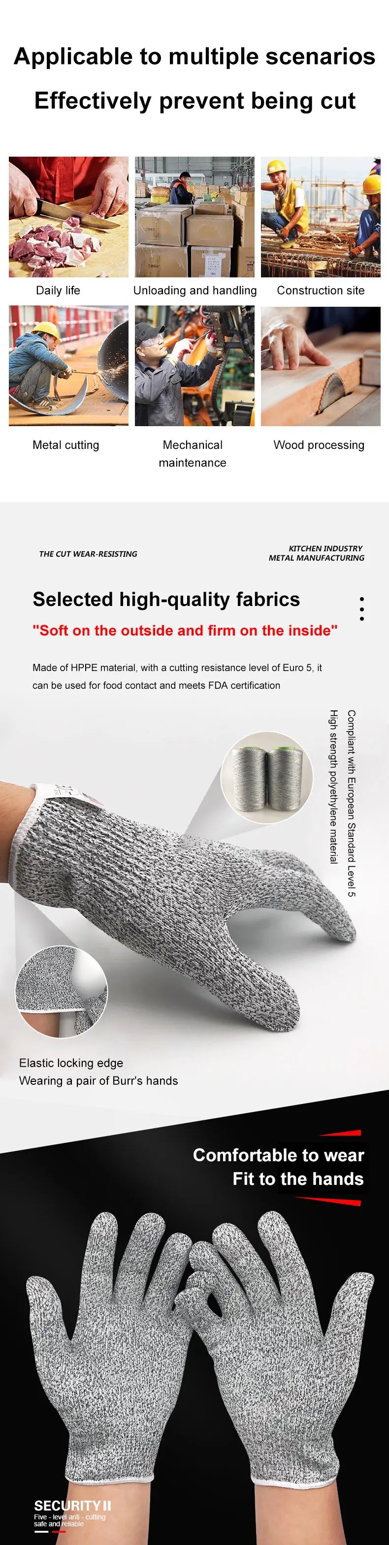 A Pair Anti Cut Proof Gloves Hot Sale Grey Black Anti Cut Level 5 Safety Work Gloves Glass Cutting Safety Protection