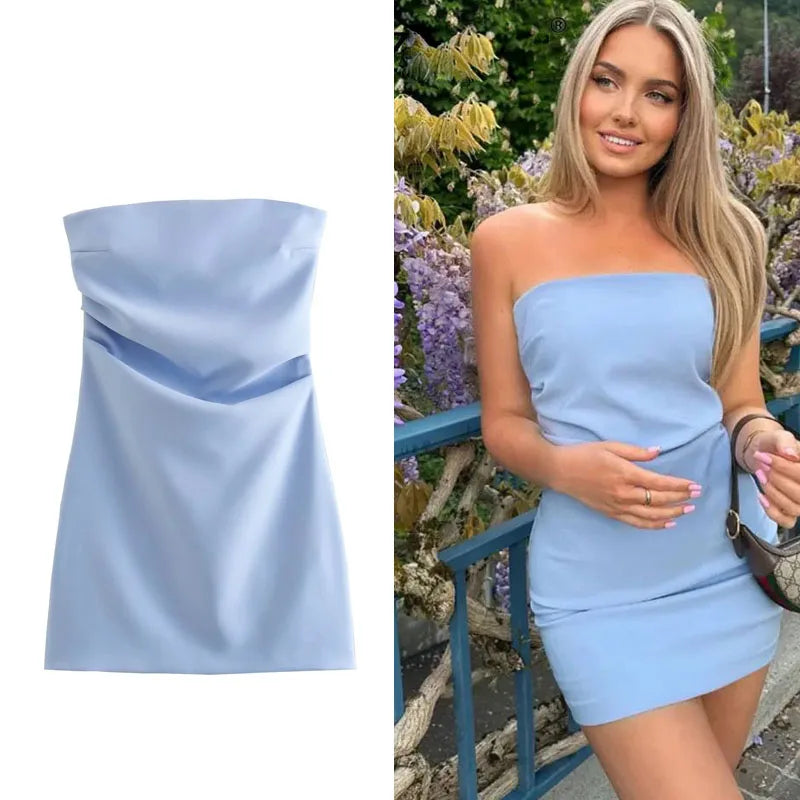 Robe TRAF pour femme, épaules dénudées, corset, courte, froncée, dos nu, bleu, noir, blanc, robe moulante sexy pour femme, robes de soirée