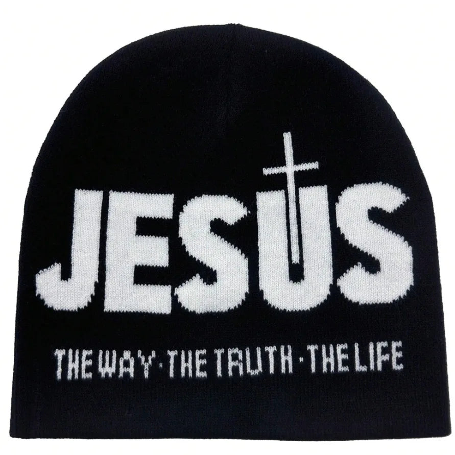 Knitted "JEsUs" letter inlaid bean hat, men's and women's warm winter casual hat, daily wear and outdoor activities