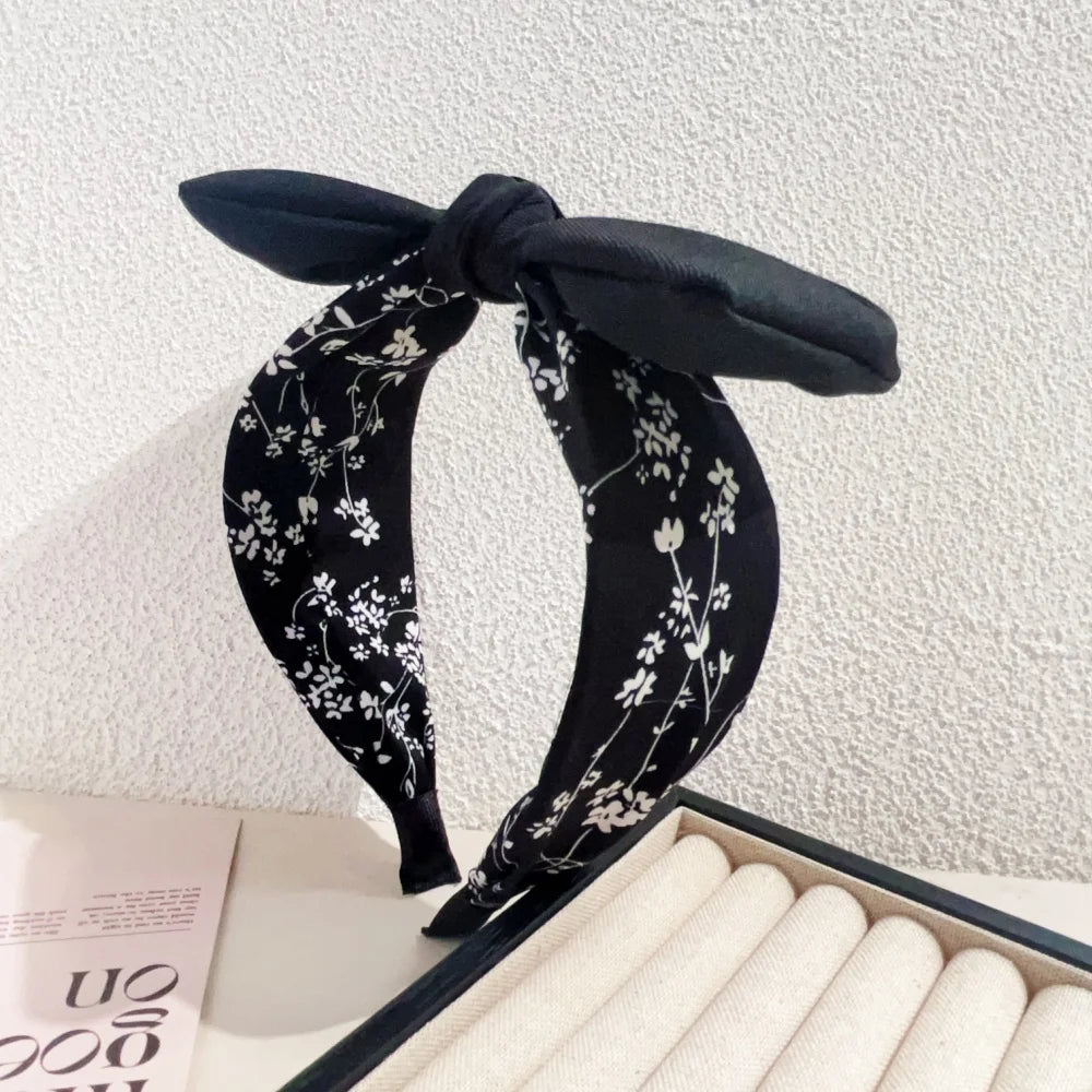 Elegant Floral Black White Hairbands for Women Girls Wide Edge Soft Hair Hoops Big Bowknot Cross Headband Hair Styling Tool Gift