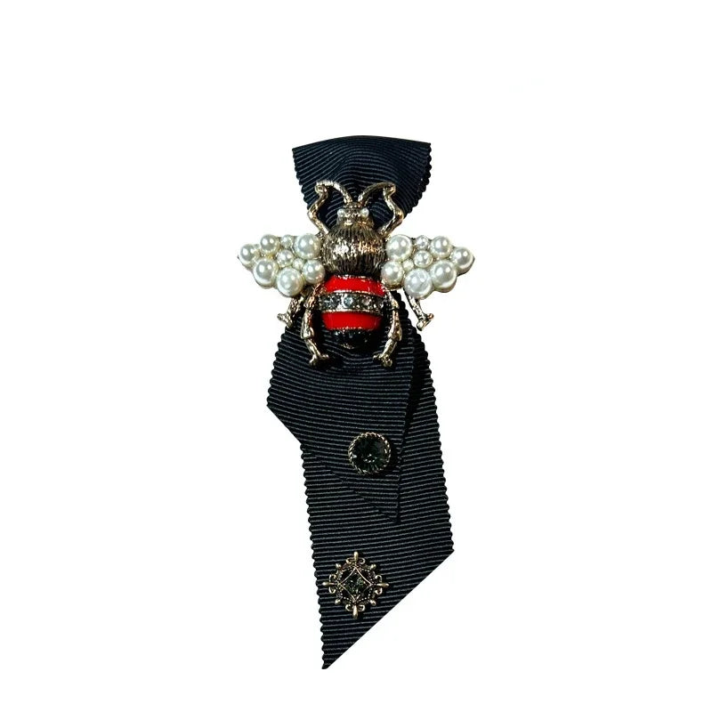British Style Rhinestone Pearl Bee Tie Fabric Bowties Ties Clothing Short Necktie Shirt Collar for Men and Women Accessories