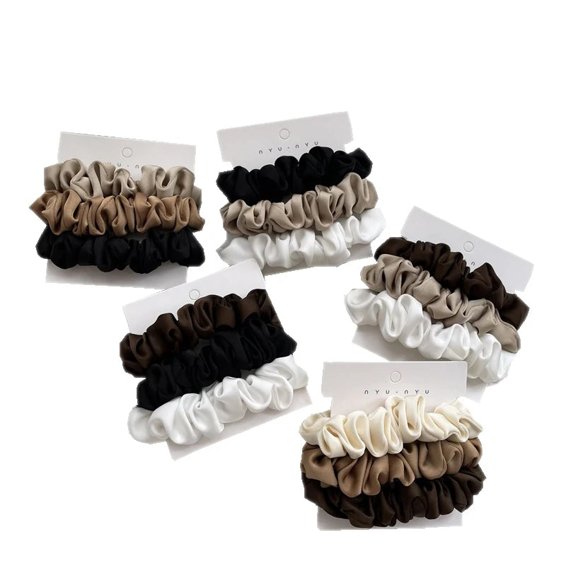 Silk Elastic Hair Bands Ponytail Holder Hair Tie Handmade White Black Coffee Hair Elastics 3Pcs Silky Satin Scrunchies Headwear