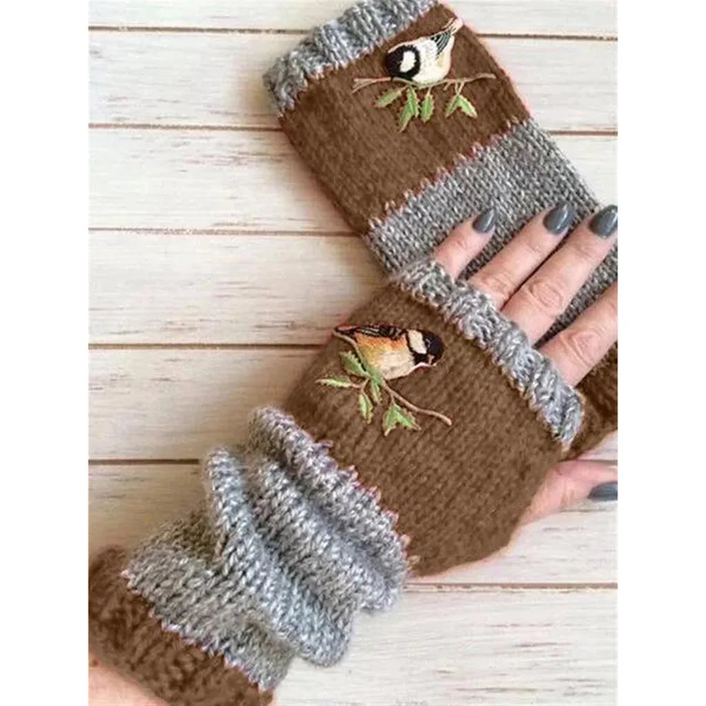 Embroidered Bird Gloves Women's Cotton Fingerless Gloves Knit Block Splice Mittens Women's Fingerless Gloves Christmas Gift