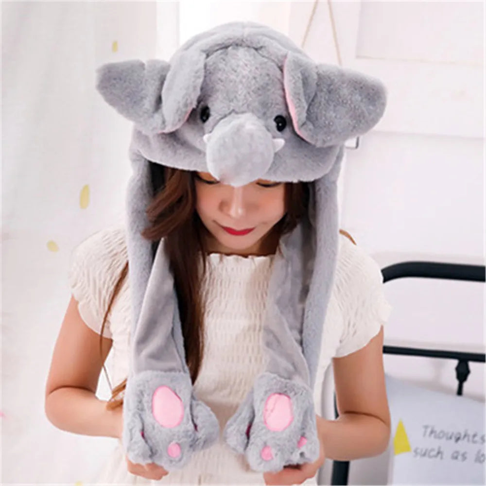 Women Girls Soft Warm Moving Jumping Rabbit Pinch Airbag Animals Ear Hat Funny Cap Plush