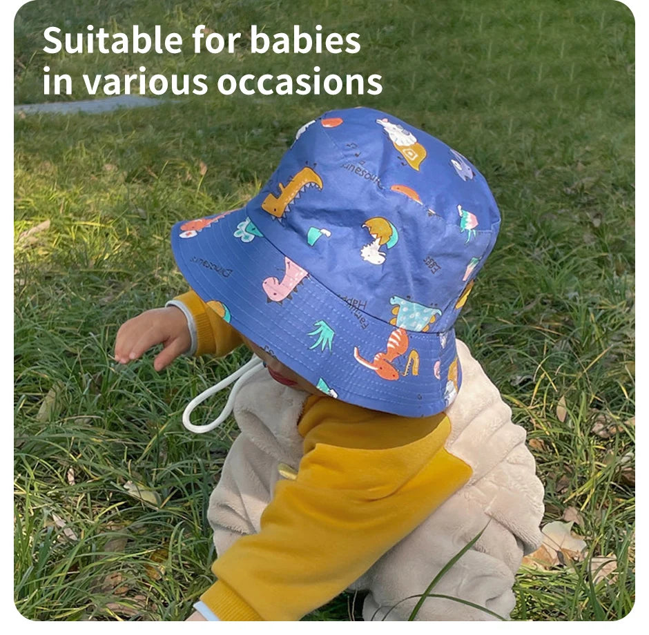 Cartoon Printing Baby Bucket Hat Cotton Breathable Kids Fisherman Hat Infant Toddle Sun Hat With Drawstring