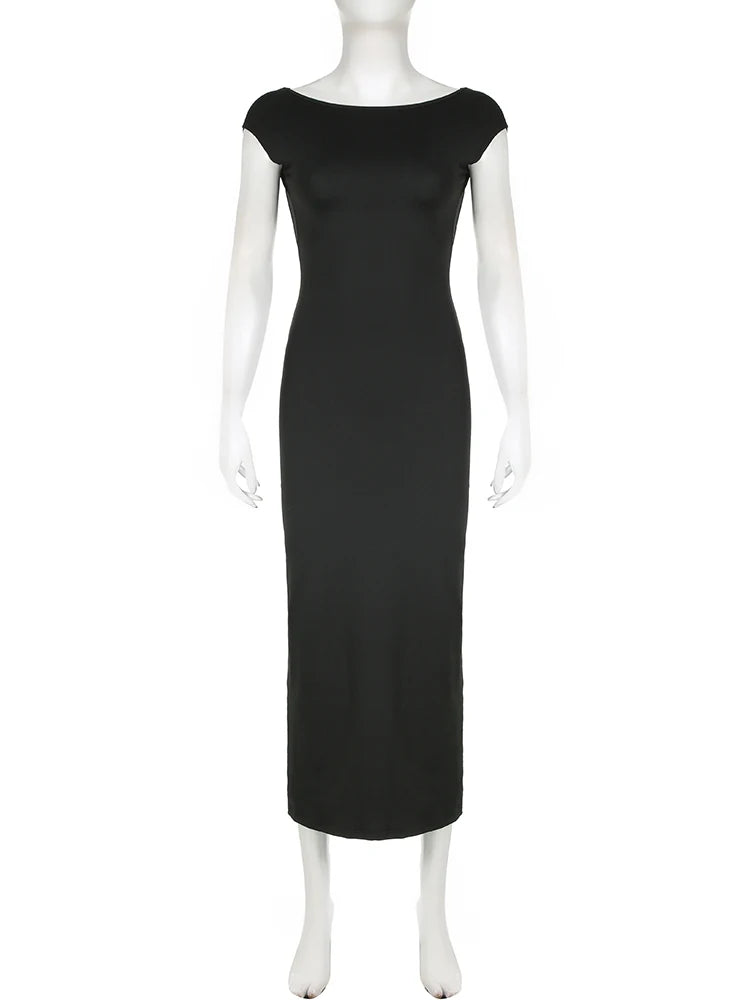 IAMSURE Elegant Basic Solid Backless Straight Dress Fashion Casual O-Neck Short Sleeveless Maxi Dresses For Women 20233 Summer