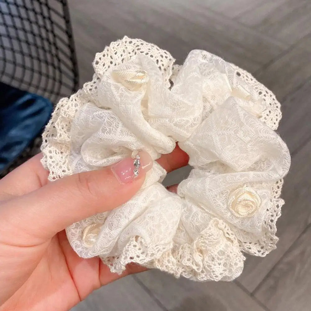 French Lace Pearl Rose Flower Elastics Hair Band For Women Cream White Scrunchies Hair Ties Ponytail Holder Hair Accessories