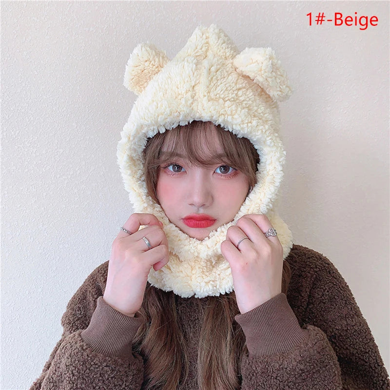 1Pc Cute Bear Ear Hat Scarf Gloves 3-in-1 Winter Warm Hedging Cap Women Windproof Plush Hat Scarf