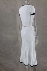 2024 Summer Women White long Skirt Suit Short Sleeve V-neck crop top pleated set elegant dress 2 piece skirt set Plus Size S-3XL