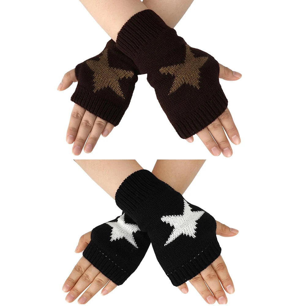 Y2K Fashion Knitted Winter Gloves Ins Korean Women Half Finger Warm Woolen Gloves Pentagram Star Fingerless Hand Warmer Mitten