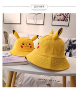 Anime Pika Bucket Hat Sun Hat with Ear Cute Cartoon Wide Brim Fisherman Beach Outdoor Baseball Hat Cap for Adult Kids Child