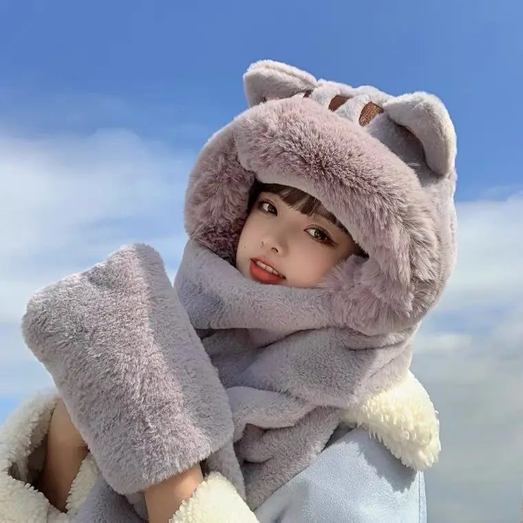 2023 New Fashion Scarf Hat Glove Women Cute Big Ear Bunny Beanie Winter Warm Soft Thickening Pocket Warm Ear Hats Hooded Skullie