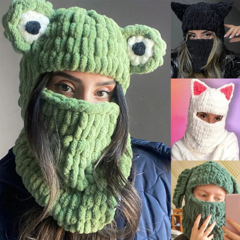 Winter Cartoon Knitting Hat Cute Animal Ear Cosplay Hat Outdoor Sport Hat Woolen Caps Windproof Headwear Balaclava Photo Props