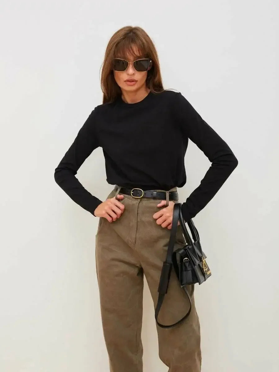 Bornladies Women's Spring Autumn 100% Cotton T-shirt Bottoming Basic Solid Lady Long Sleeve Loose Tops Shirts Oversized T Shirt