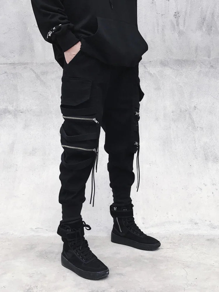 Joggers Cargo Pants for Men Casual Hip Hop Hit Color Pocket Male Trousers Sweatpants Streetwear Ribbons Techwear Pants