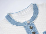 Elegant Contrasting Women Knit Maxi Dress Chic O-neck Short Sleeve Metal Buttons Bodycon Dresses Office Lady Commuting Robe