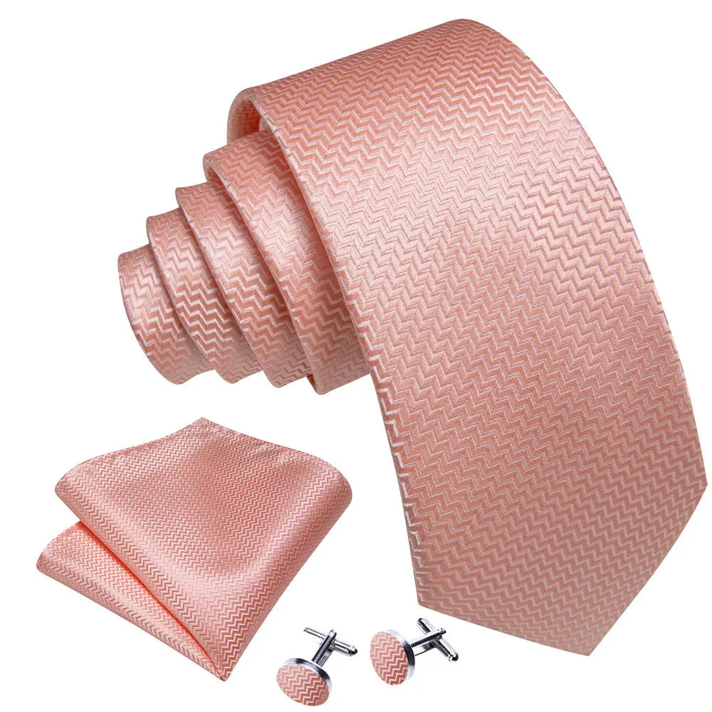 Elegant Pink Ties For Men Luxury Silk Stripe Pocket Square Cufflinks Set Fashion Male Necktie Groom Wedding Gift Barry.Wang 5090