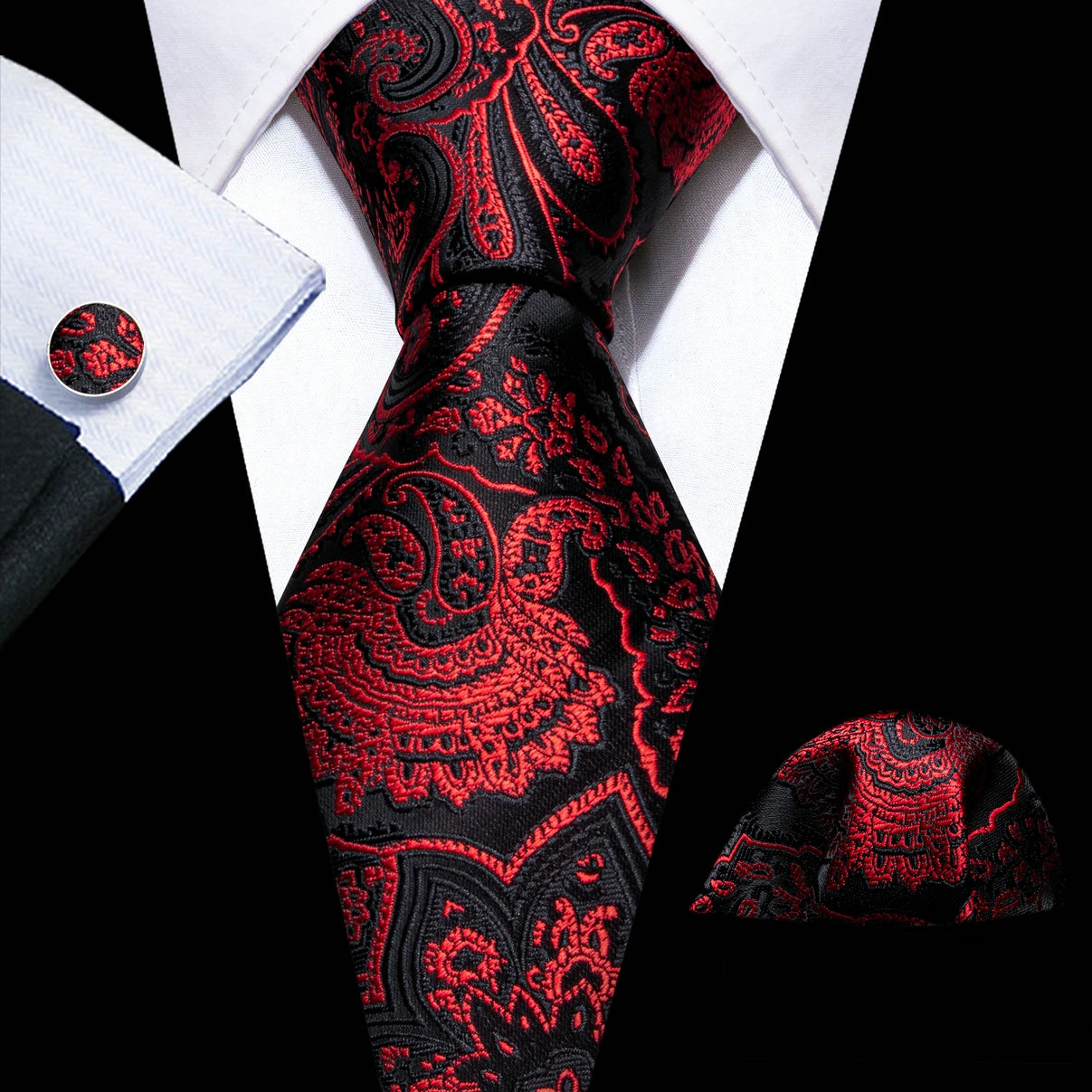 Red Silk Wedding Necktie Jacquard Woven Striped Ties For Men Tie Handkerchief Cufflink Set Barry.Wang Fashion Designer FA-5028