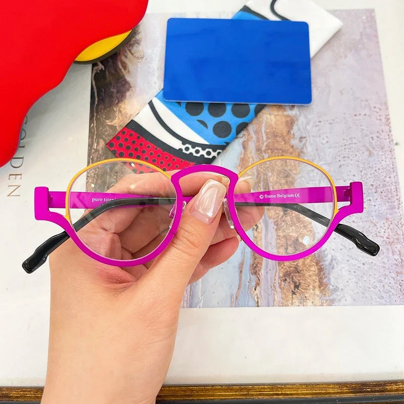 High Quality Japanese Retro Red Patchwork Round Pure Titanium Glasses Frames Men Eyeglasses Women Customizable lenses