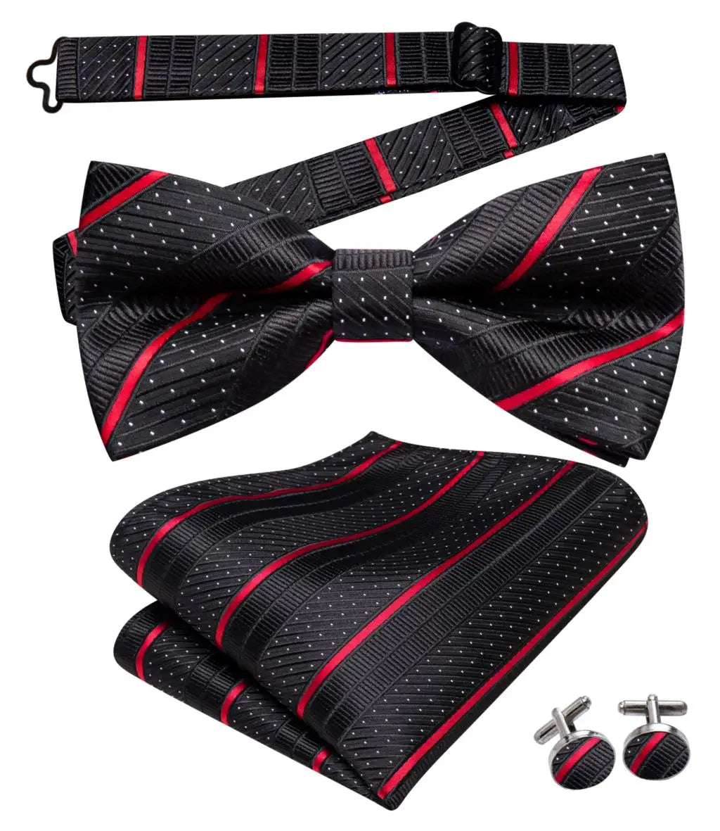 Hi-Tie Striped Black Red Mens Bow Tie Hankerchief Cufflink Pre-tied Silk Butterfly Knot Bowtie for Male Business Party Wholesale