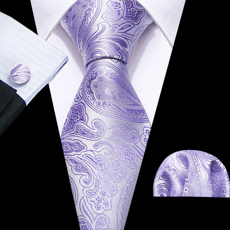 Barry.Wang Purple Lilac Lavender Silk Mens Tie Handkerchief Cufflink Set Jacquard Floral Necktie for Male Wedding Business Party